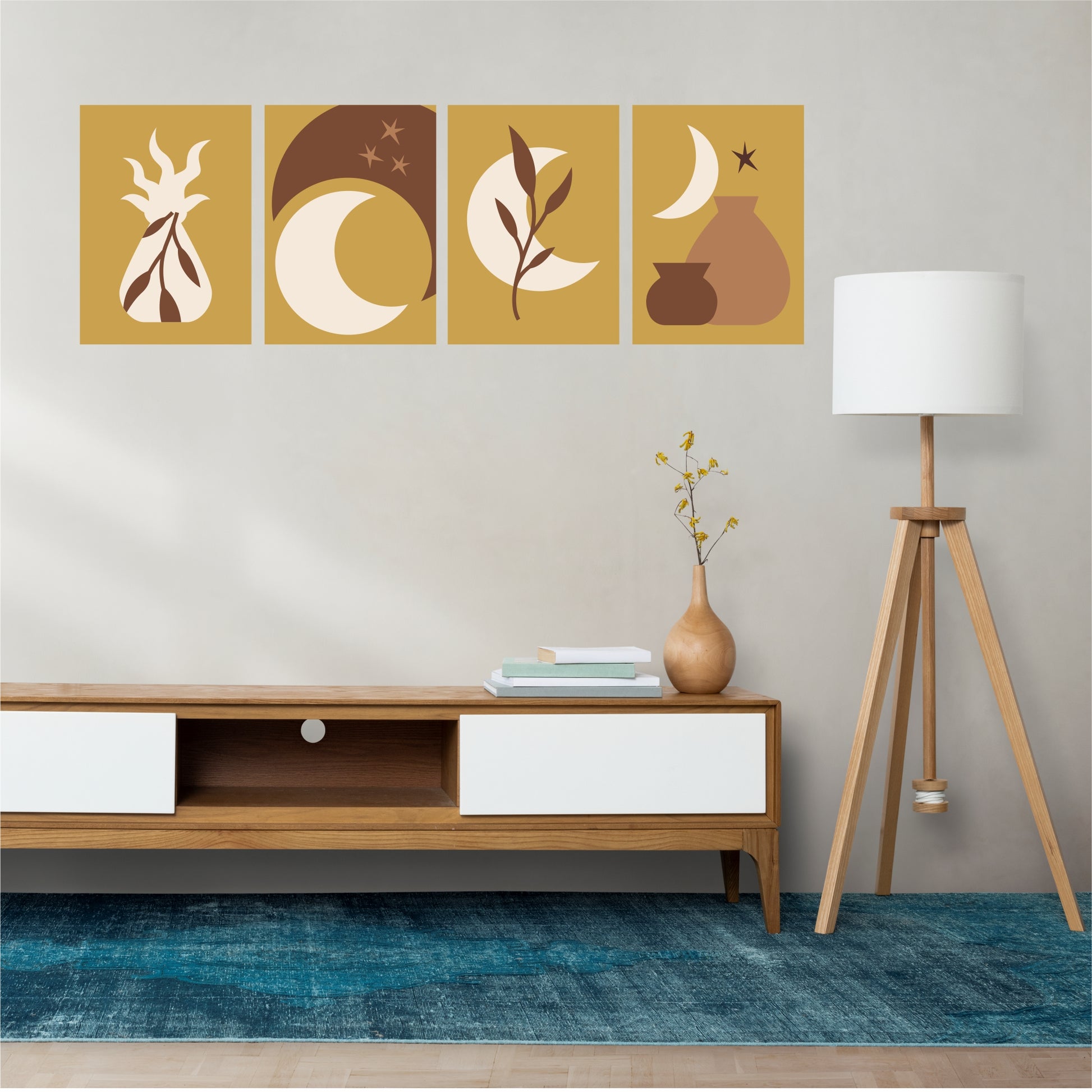 Pack Of 4 Multicolor Wood Fire Boho Printed Wall Decor For Any Space