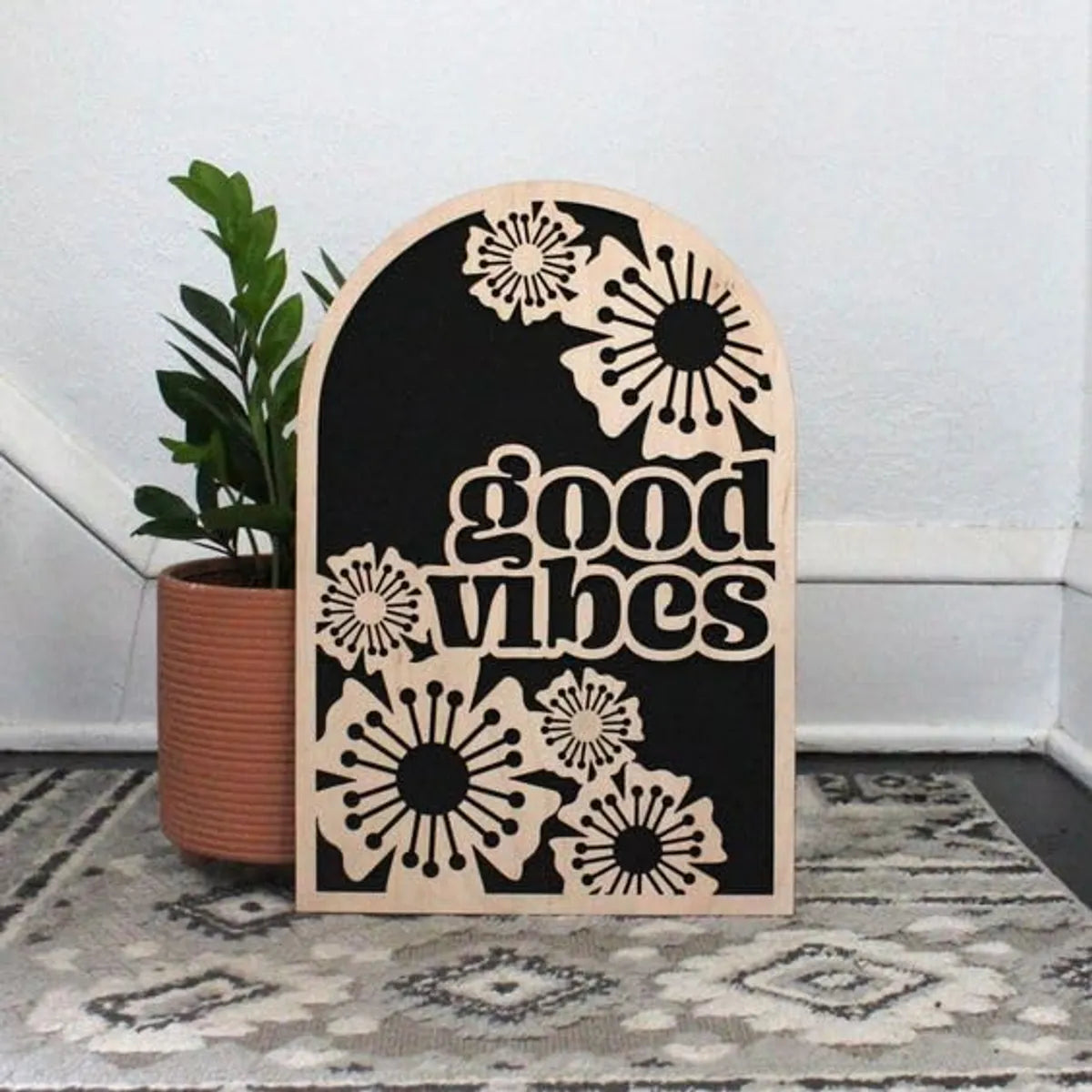 Black Engineered Wood Oval Positive Vibes Good Vibes Themed  Wall Hanging