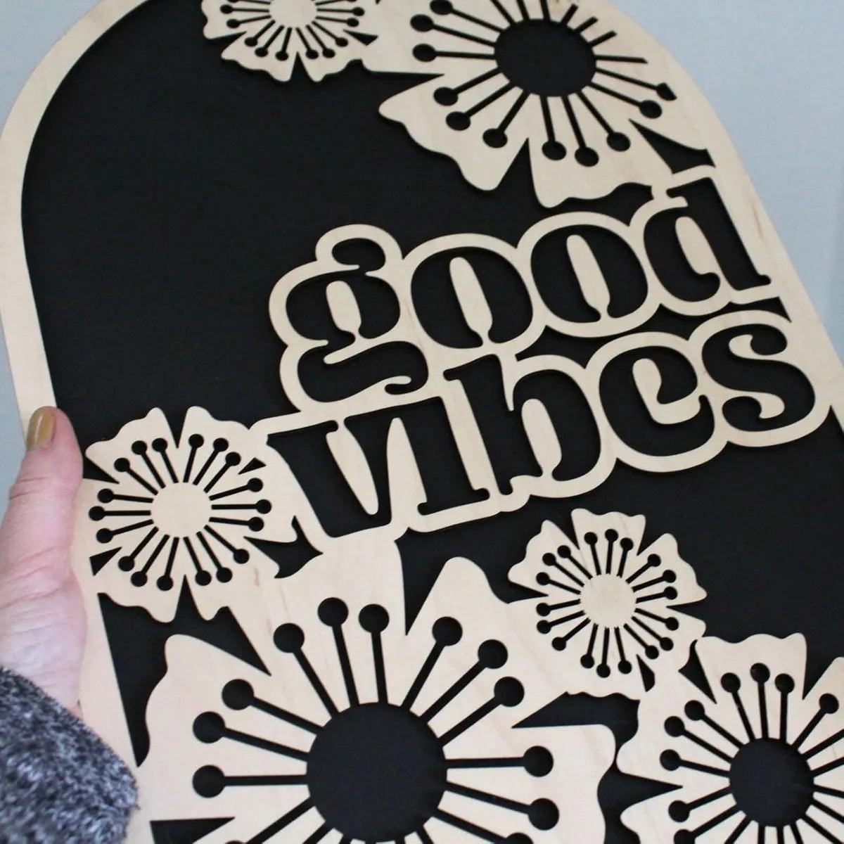 Black Engineered Wood Oval Positive Vibes Good Vibes Themed  Wall Hanging