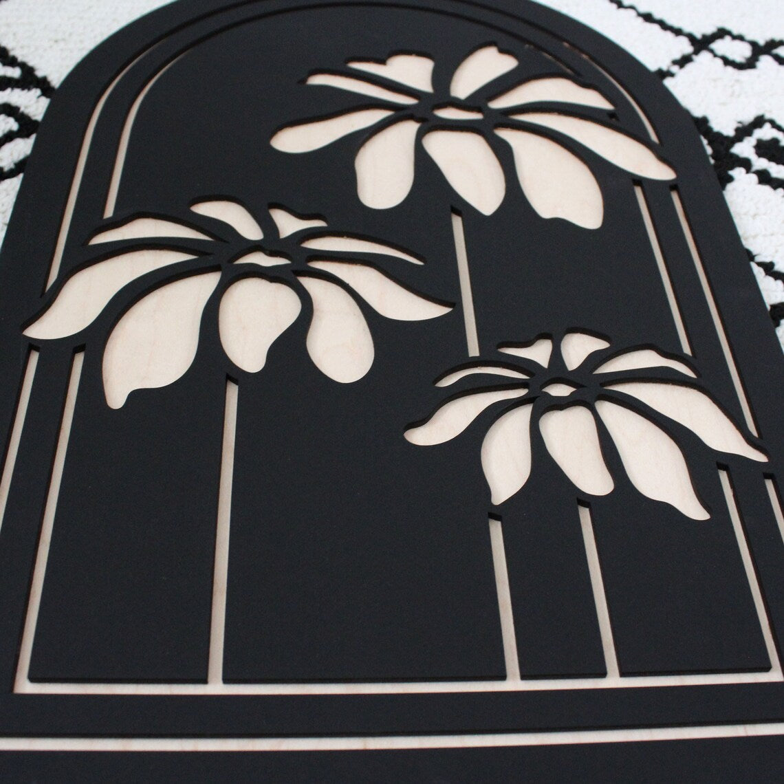 Black Wood Oval Flowers Floral Painting Wall Hanging