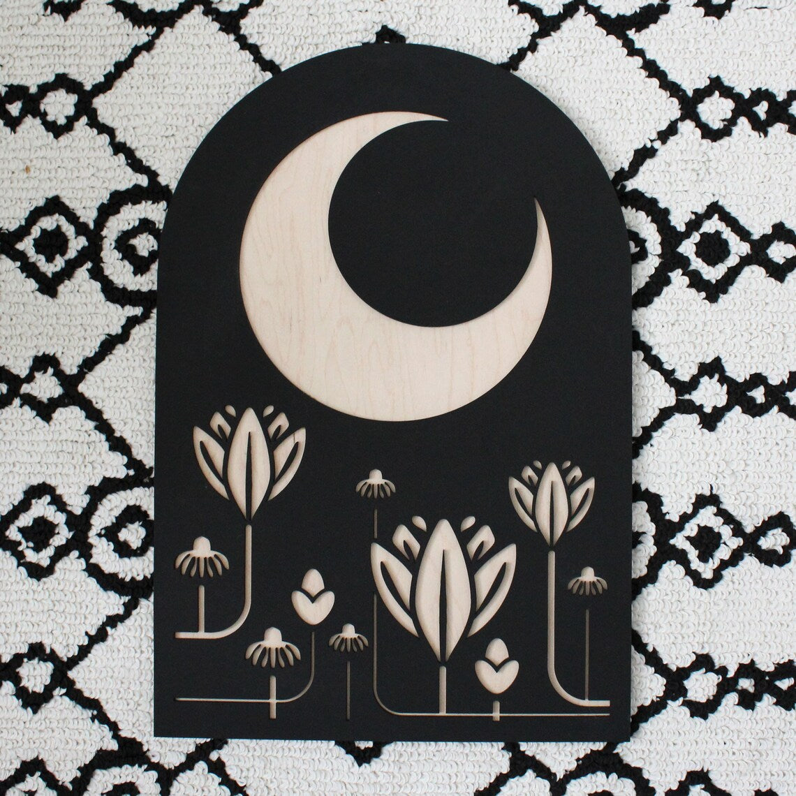 Black Wood Rectangular Moon Floral Themed  Wood Wall Hanging