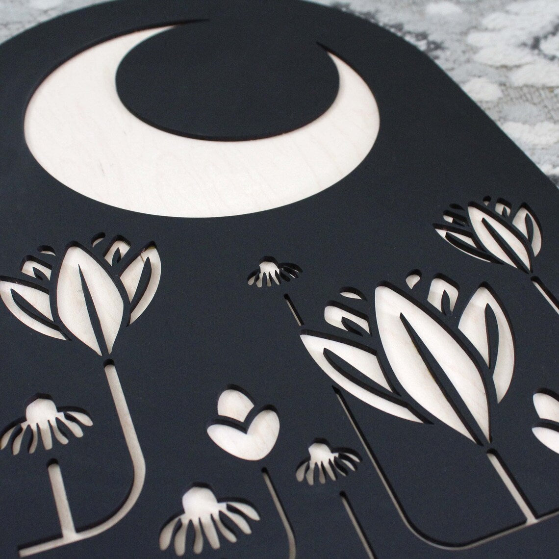 Black Wood Rectangular Moon Floral Themed  Wood Wall Hanging