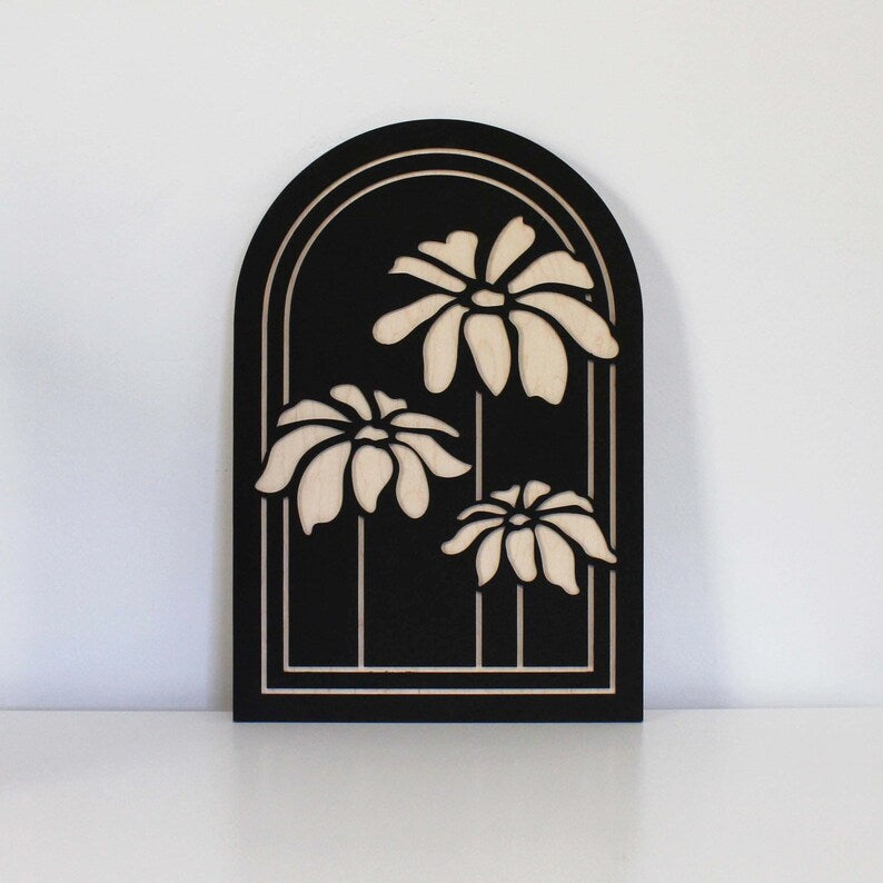 Black Wood Oval Flowers Floral Painting Wall Hanging
