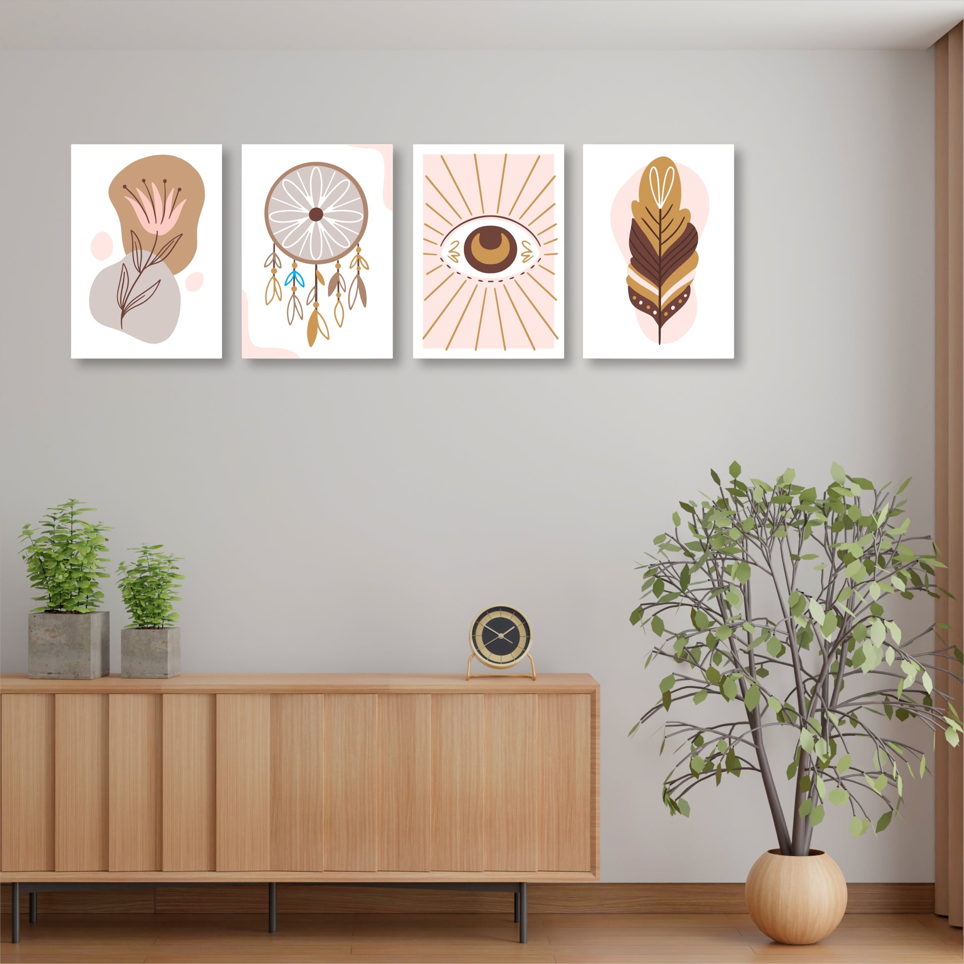 Pack Of 4 Multicolor Dream Catcher Boho Printed Wall Decor For Any Space