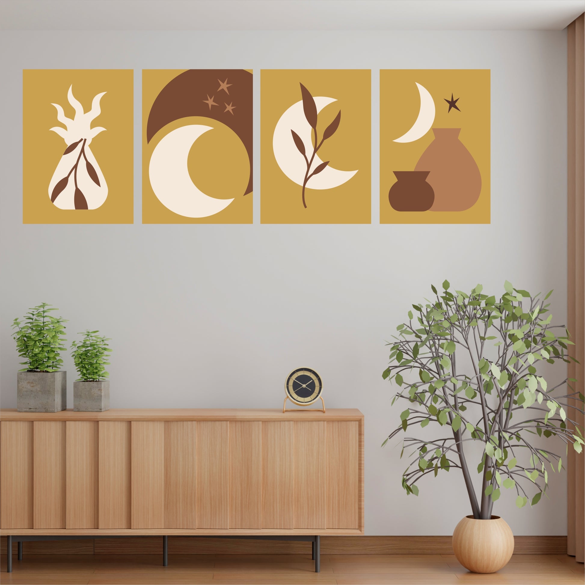 Pack Of 4 Multicolor Wood Fire Boho Printed Wall Decor For Any Space