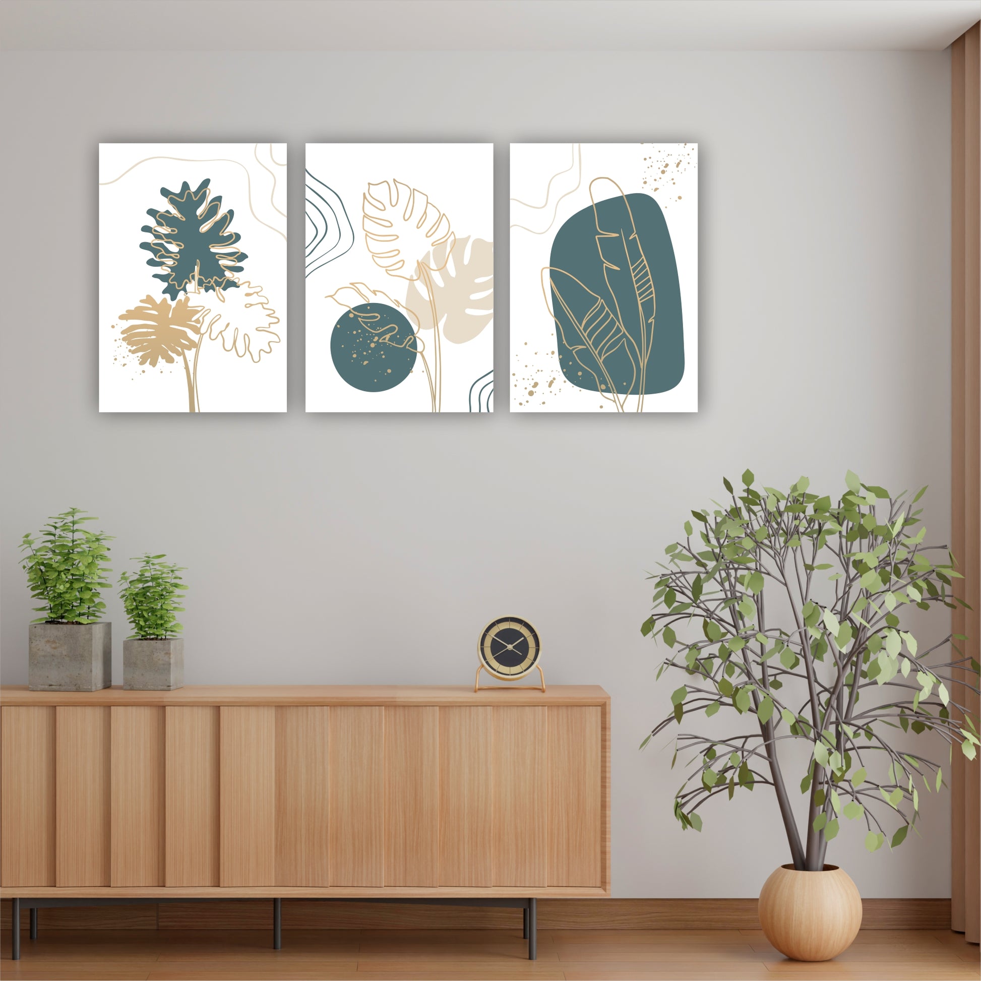 Pack Of 3 Golden Botanical Printed Wall Decor For Any Space