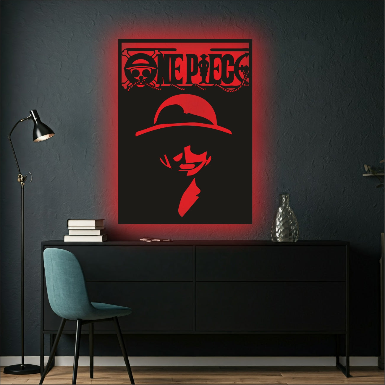 One Piece Backlit  Engineered Wood Red Free Anime Wall Art