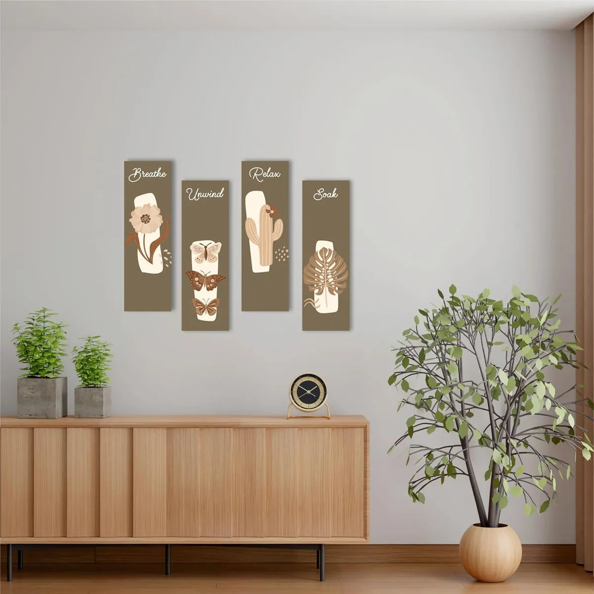 Pack Of 4 Multicolor Mahogany Wood Rectangular Nature Themed Boho Wall Decor