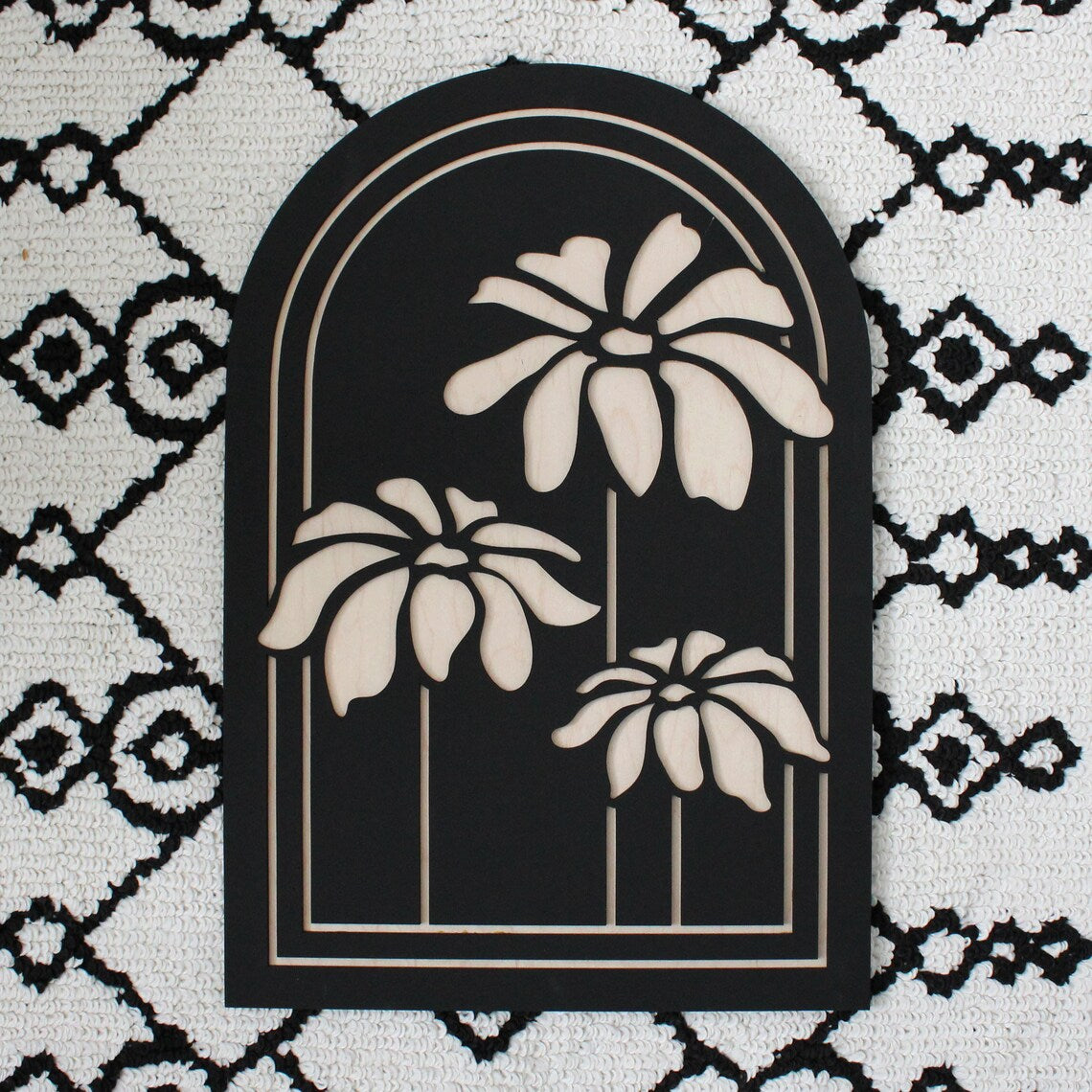 Black Wood Oval Flowers Floral Painting Wall Hanging