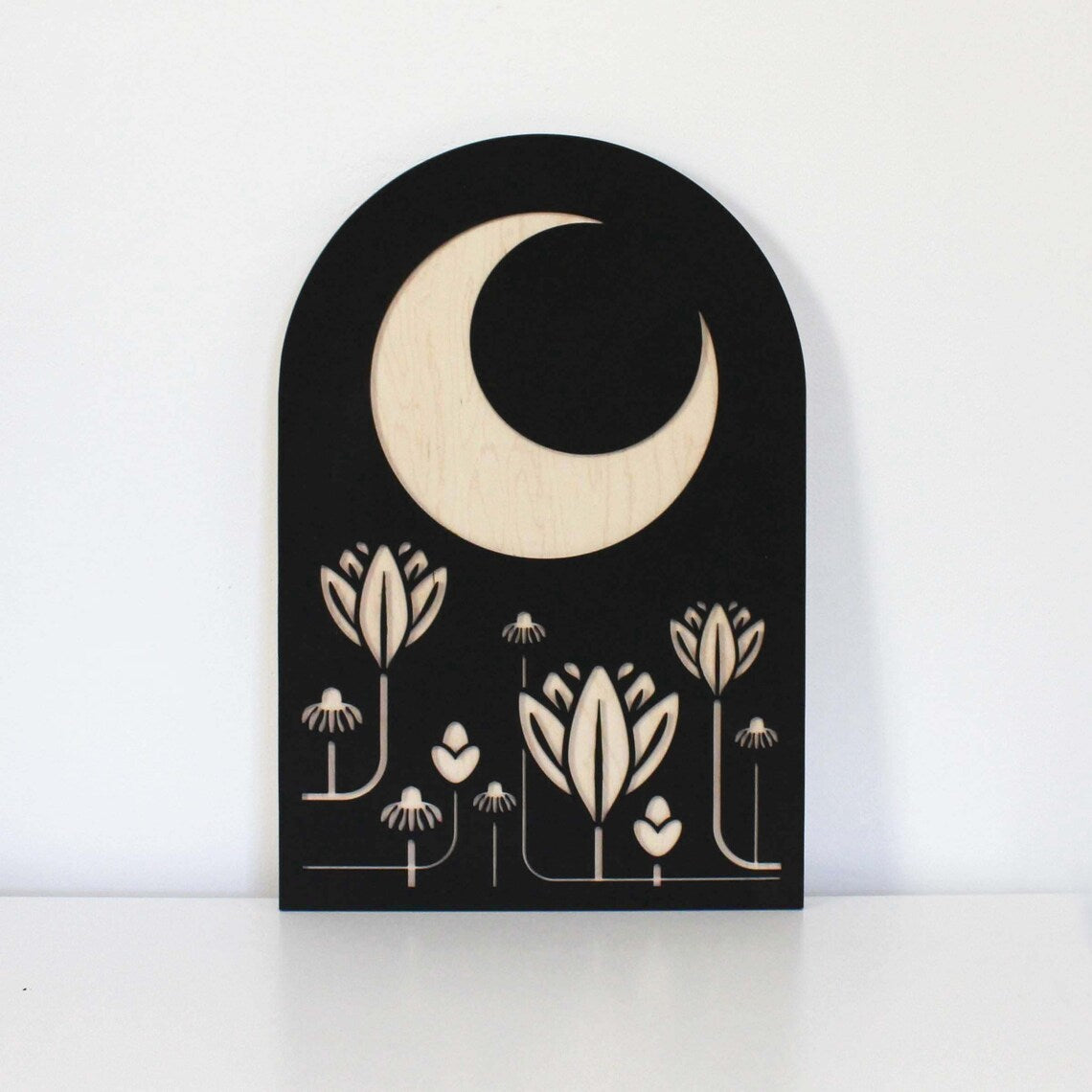 Black Wood Rectangular Moon Floral Themed  Wood Wall Hanging